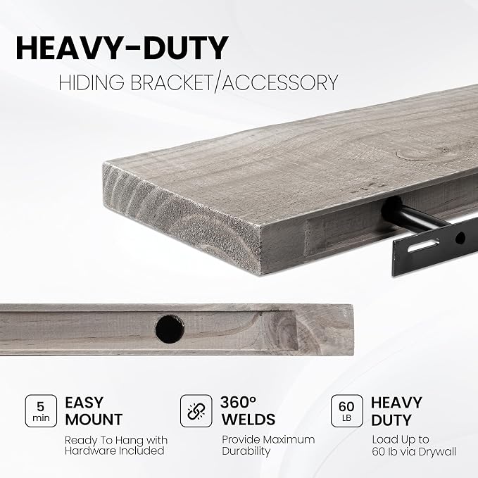 Fun Memories 24 Inch Reclaimed Wood Floating Shelves for Wall, 8 Inch Deep Heavy Duty Rustic Farmhouse Wall Mounted Shelf with Invisible Bracket for Bathroom, Kitchen & Bedroom, Grey