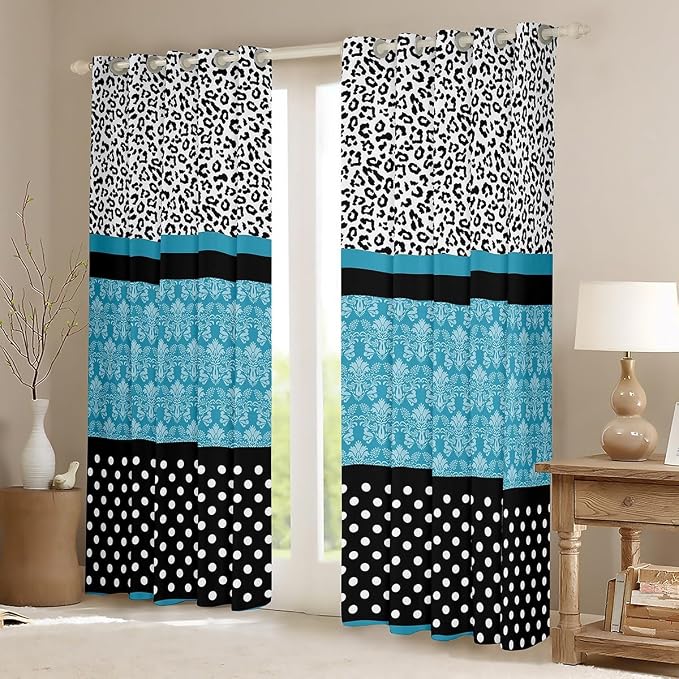 Leopard Print Window Curtains 52"Wx90"L Teal Boho Paisley Cheetah Curtains Black White Polk Dots Leopard Window Drapes 2 Panels For Kids Boys Girls Bedroom Decor,Bohemian Floral Window Treatments