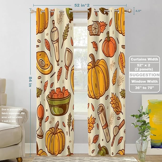 Shrahala Thanksgiving Seamless Pattern Blackout Window Curtains, Pumpkin Apple Pear Leaves Thermal Insulated Curtains Grommet Top Window Drapes for Living Room, Bedroom (2 Panels, 52 x 84 in)