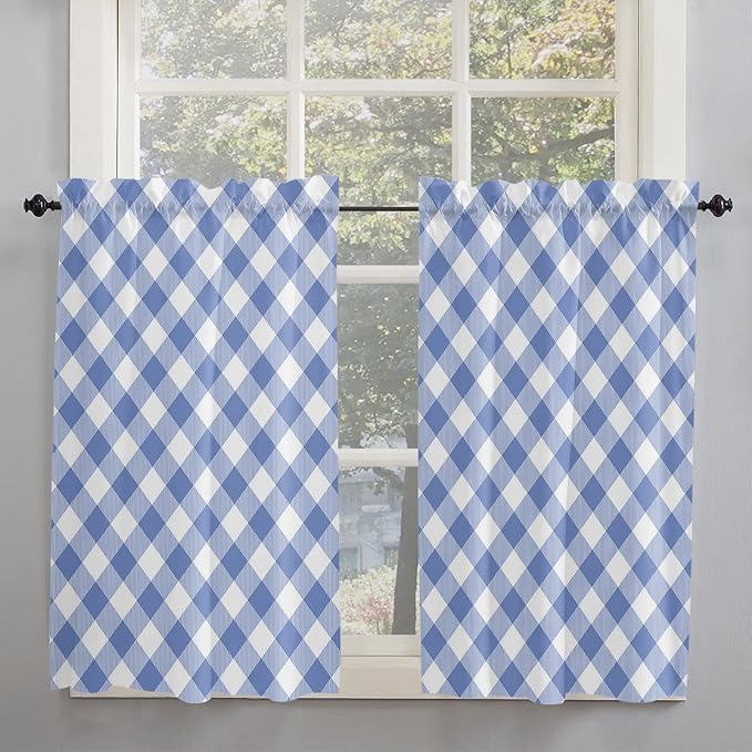 45 Inch Long Tier Curtains for Kitchen, Pastoral Style Blue Lattice Bathroom Window Curtains Rod Pocket Short Curtains Window Treatment Tiers for Living Room Farmhouse 2 Panels