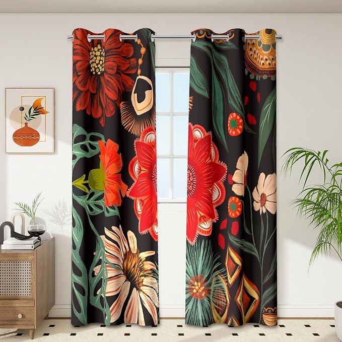 Tyrot Black Boho Floral 100% Blackout Curtains for Living Room 84 inch Long 2 Panels Mid Century Botanical Black Out Curtains for Bedroom Grommet Thermal Insulated Room Darkening Window Drapes,42Wx84L