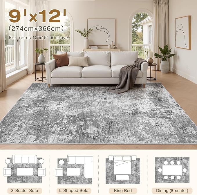 9x12 Area Rugs for Living Room - Washable Living Room Rug 9x12, Large Abstract Modern Neutral Soft Carpet with Non-Slip Backing, Stain Resistant for Bedroom Dining Indoor Decor (Light Grey)