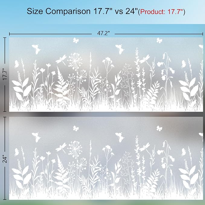 Window Privacy Film 17.7" x 47.2", Frosted Glass Window Film with Floral Pattern Decorative Privacy Window Film Static Cling No Glue Light Filtering UV Blocking for Home Bathroom Office