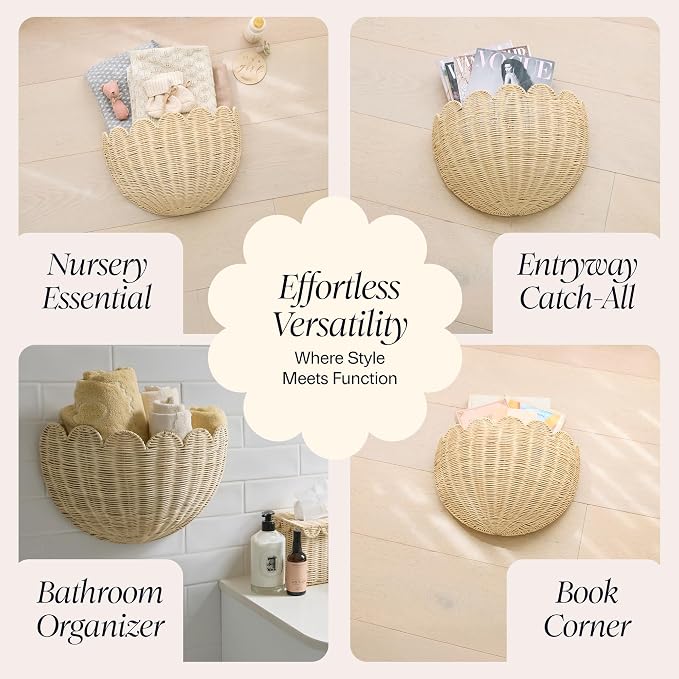 BEBE BASK The Original Scalloped Wicker Wall Basket – Set of 2 – Handwoven Scalloped Wall Baskets (16 x 10 x 7 in), Woven Rattan Wall Hanging Baskets - Natural Scalloped Basket