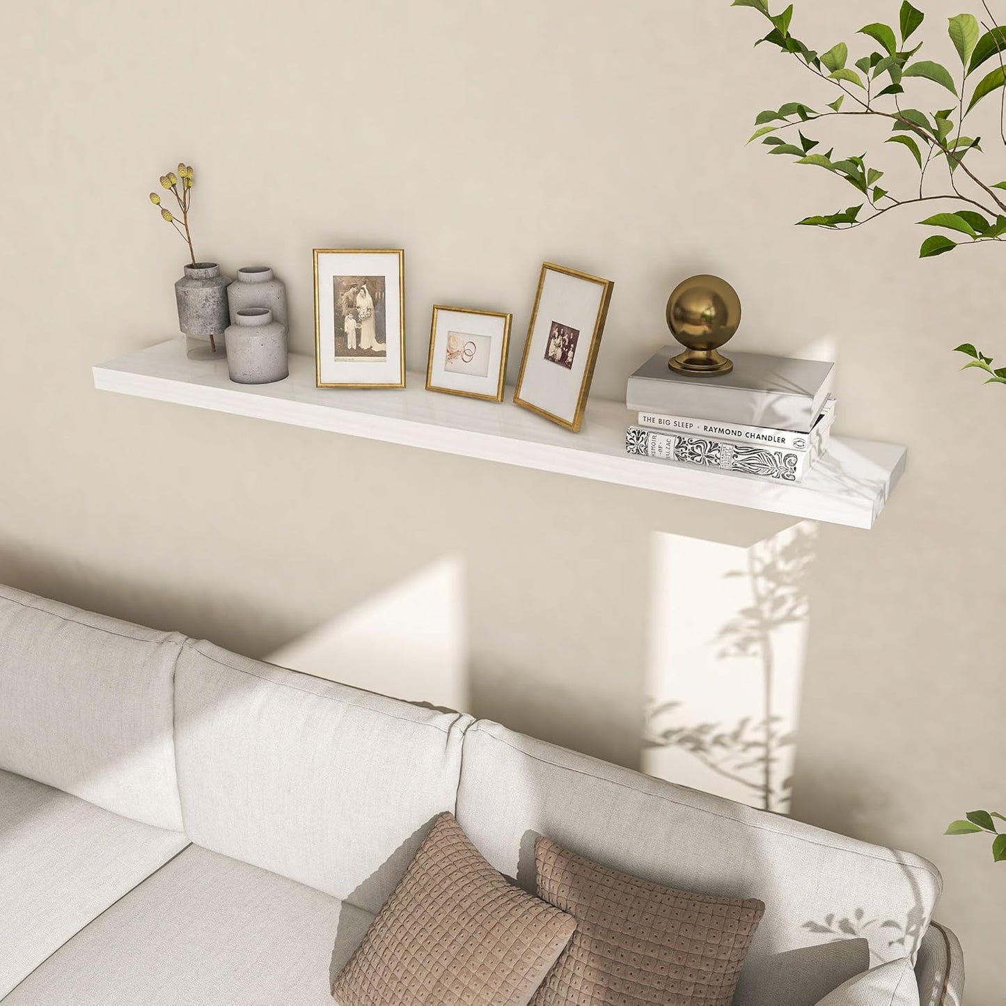 Fun Memories 48 Inch Floating Shelves for Wall, Deep Rustic Solid Pine Wood Shelf - Farmhouse Wall Mounted Display Shelf with Heavy-Duty Metal Bracket, 48" W x 8" D, Set of 1, White