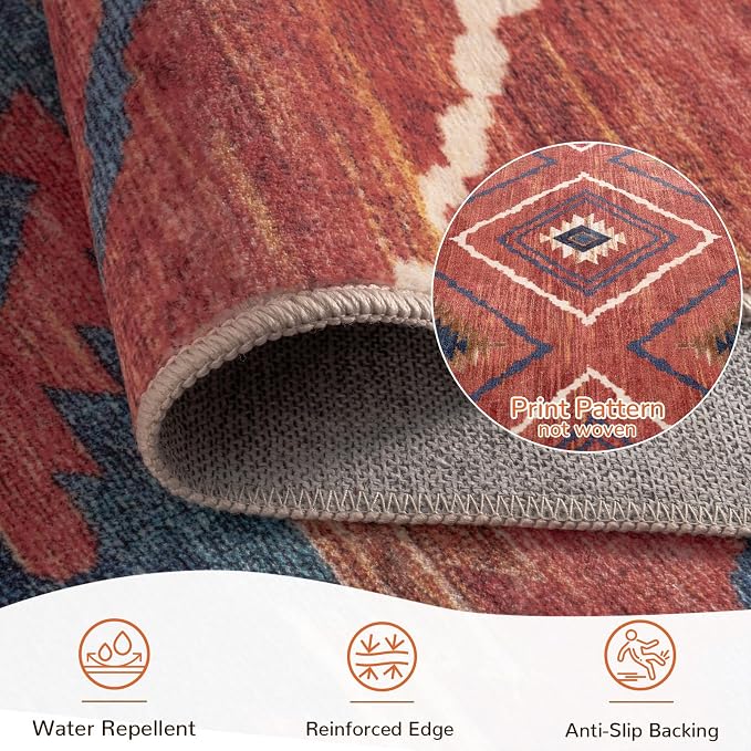 BESTSWEETIE Area Rug 6x9 Rug Machine Washable Non-Slip Low Pile Print Pattern Western Rug for Living Room Bedroom Entryway Tribal Series -Red/Orange