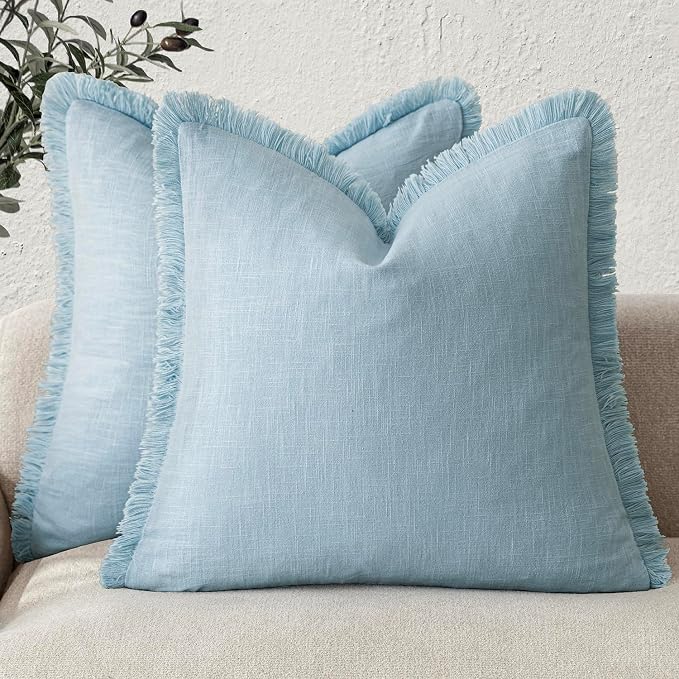 Foindtower Set of 2 Decorative Linen Fringe Throw Pillow Covers Cozy Boho Farmhouse Cushion Cover with Tassels Soft Accent Pillowcase for Couch Sofa Bed Living Room Home Decor,20×20 Inch,Light Blue