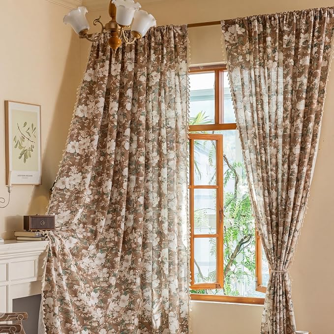 OYX Boho Floral Curtains 84 Inch, Linen Farmhouse Flower Drapes with Lace & Tassels, Light Filtering Semi Sheer Curtains for Living Room Bedroom, 2 Panels