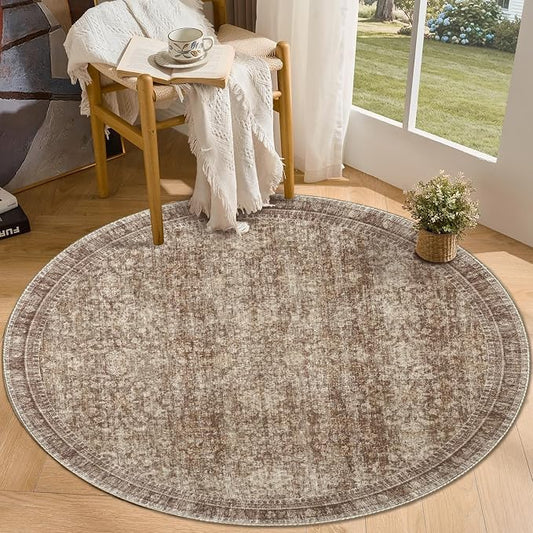 Sasttie Round Rug 4ft, Ultra-Soft Washable Circle Rug, Low Pile Foldable Thin Rugs with Non-Slip Backing, Skin-Friendly Stain Resistant Carpet for Living Room, Bedroom, Kitchen, Dorm, 4ft, Dark Brown
