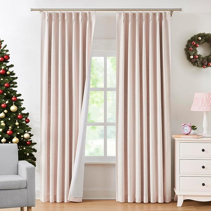 Pink Pinch Pleated Full Blackout Curtains Linen Texture Noise Reducing Window Treatment Panel 102 Inches Long for Living Room Bedroom Thermal Insulated Back Tab Drapes with Hooks, 2 Panel, 40"Wx102"L