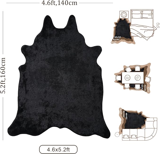 Black Faux Fur Cowhide Rug, Cow Hide Cow Print Rug for Living Room Bedroom 4.6x5.2 Feet - Animal Print Cow Skin Rustic Western