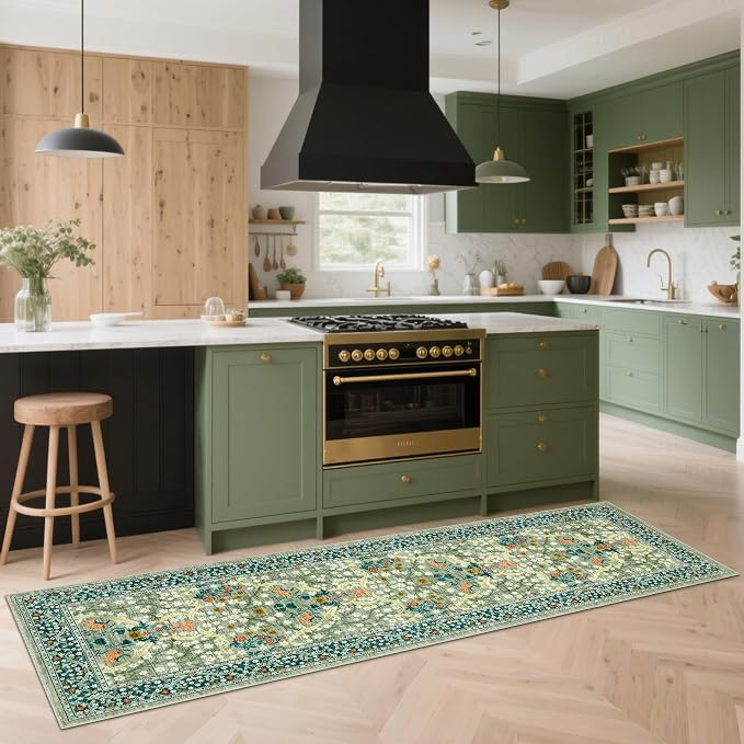 GarveeHome Floral Hallway Runner Rug Non-Slip, 2.5x10 Washable Rugs Ultra-Thin Soft Rug for Hallways, Kitchen Mat Stain Resistant Carpet for Entryway Bathroom, Sage Green
