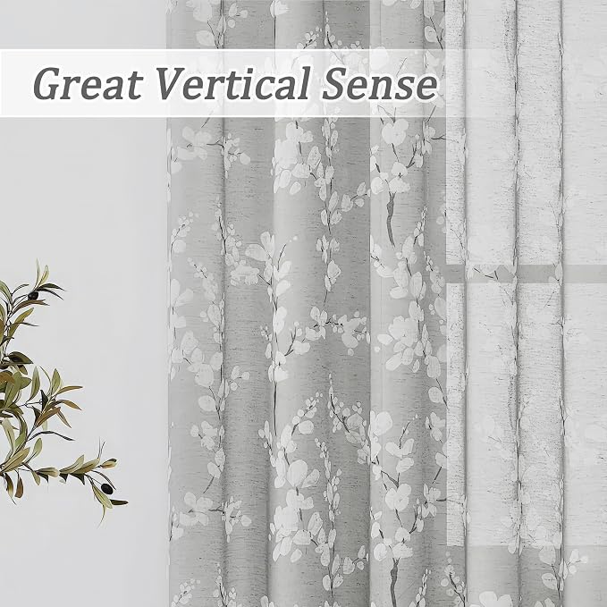 FMFUNCTEX Linen Sheer Curtains for Bedroom, Grey White Blossom Print Curtains 96 Inches Long for Living Room,Floral Patterned Farmhouse Curtain Light Filtering Window Drapes 2 Panels, Rod Pocket