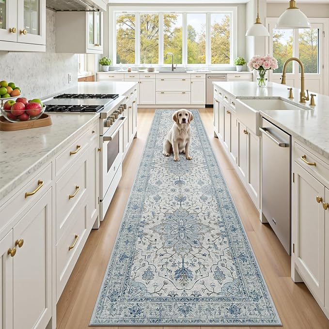 RELEANY Area Rugs Runner 2'6"x10' Washable Non-Slip, Floral Vintage Distress Medallion Carpet for Kitchen Hallway Bedroom Beside Laundry Room Bathroom, Light Blue Navy Gray White