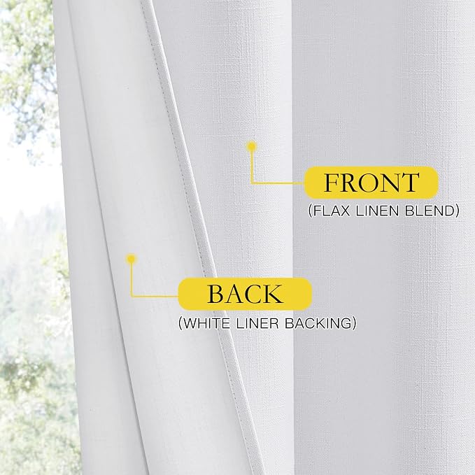 NICETOWN 100% Absolutely Blackout Linen Curtains with Thermal Insulated White Liner, White, 52 inches Wide, 120 inches Length Energy Saving Curtains for Living Room 2 Panels Set, Vertical Blinds
