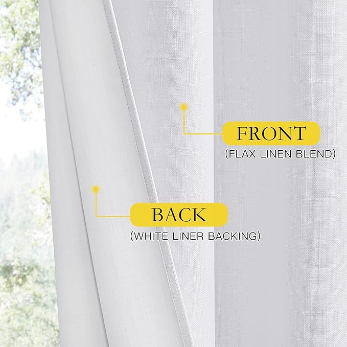 NICETOWN 100% Absolutely Blackout Linen Curtains with Thermal Insulated White Liner, White, 52 inches Wide, 45 inches Length Energy Saving Curtains for Cafe 2 Panels Set, Vertical Blinds