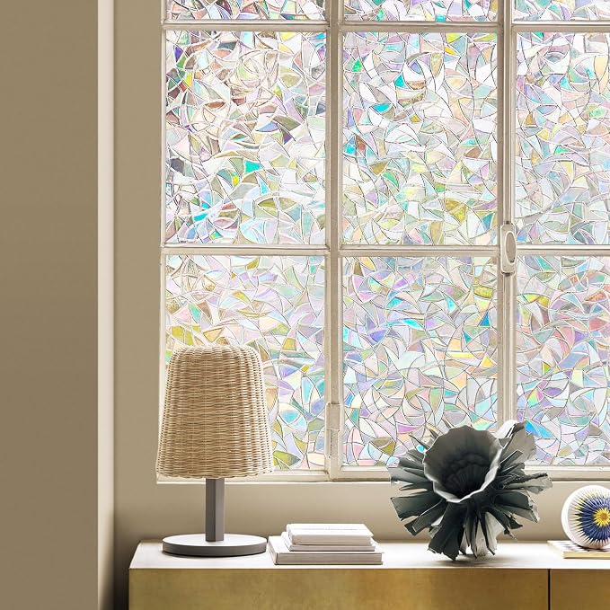 Lemon Cloud Window Privacy Film, Stained Glass Window Stickers, Decorative Rainbow Static Cling for Sun Blocking, Window Covering Prism Film, No Glue Anti-UV Tint, Half Moon Pattern, 35.4" x 78.7"
