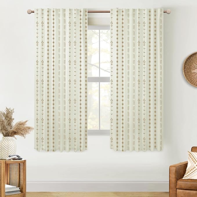 Western Aztec Boho Curtains, Brown Floral Patterned Rustic Farmhouse Drapes for Bay Window Bedroom Living Room Southwestern Decor, 63 Inch Length 2 Panel Set