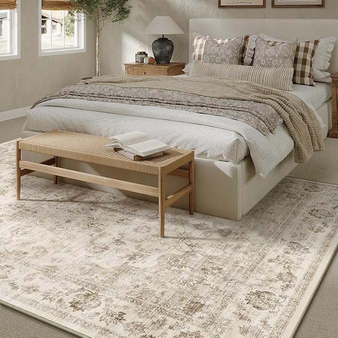8x10 Washable Neutral Area Rug Beige Vintage Living Room Bedroom Carpet Non-Slip Soft Medium Pile Floral Indoor Large Throw Rug for Dining Room Office