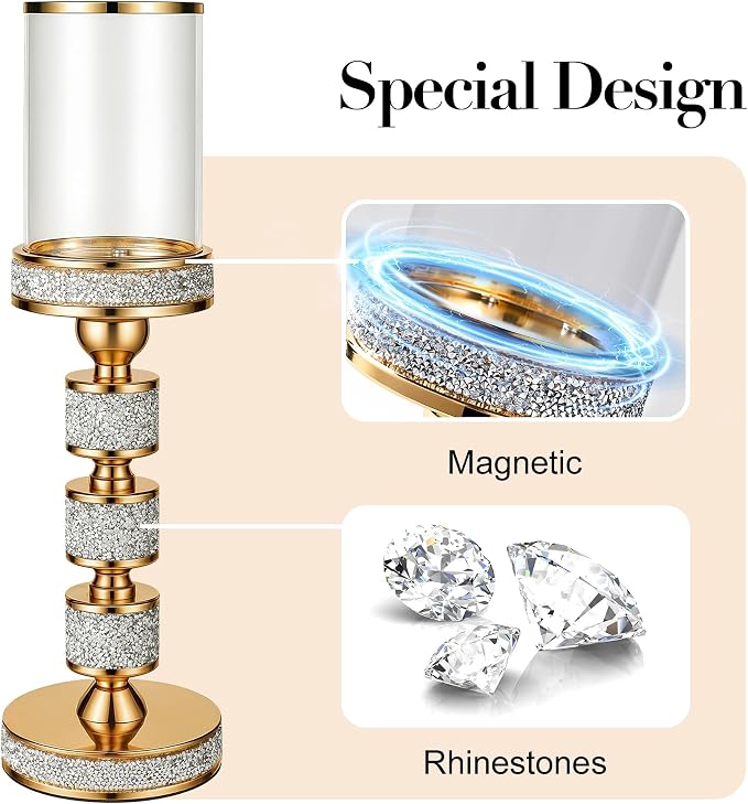 Hurricane Candle Holder, 15.9" Tall Metal Candle Stand, Glass Pillar Candle Holders, Crystal Gold Decorative Centerpieces for Table, Wedding and Dining Room (Fits Candles up to 3"x5", 2pcs, L)