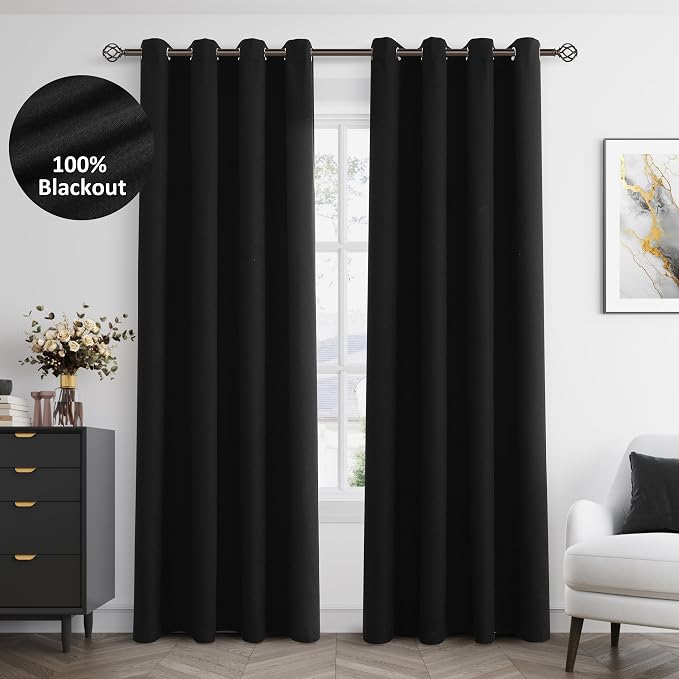 Jowels Black Linen Blackout Curtains 80 Length 2 Panels Set for Living Room Bedroom, 100% Black Out Thermal Insulated Linen Drapes, Room Darkening Grommet Curtains 80 Inches Long