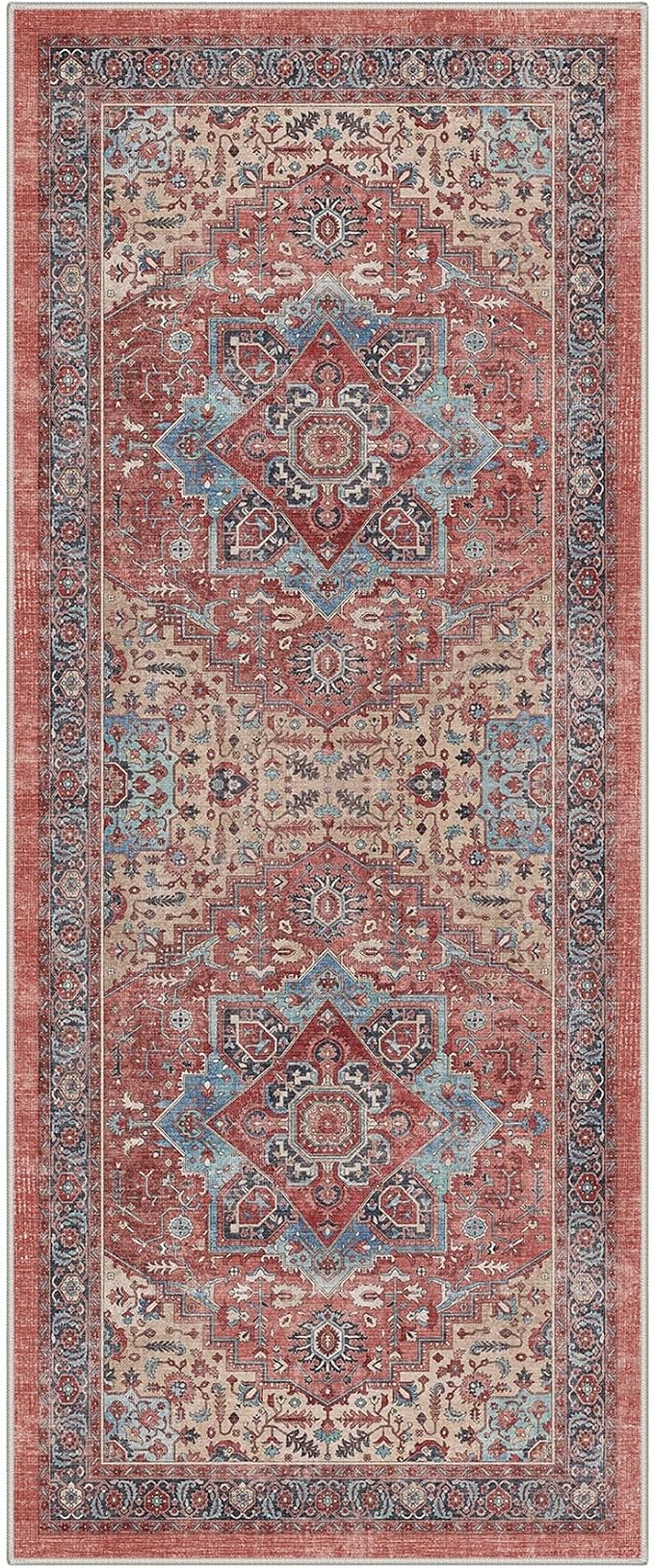 GENIMO Runner Rug 2x5 Non Slip Machine Washable Vintage Hallway Runner Rug, Floral Medallion Low Pile Rugs for Entryway, Hallway, Kitchen, Dusty Red