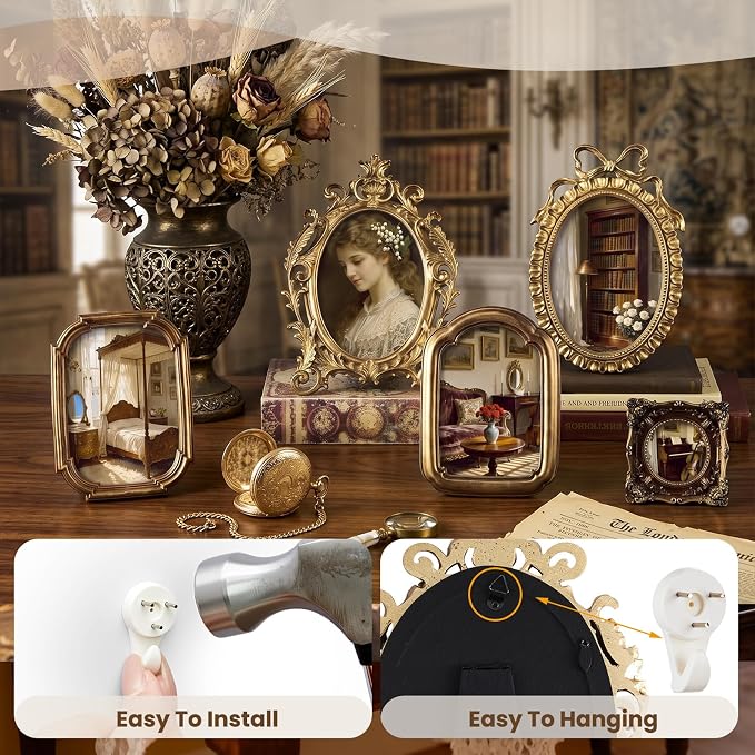 Lineshading 8 Pcs Picture Gold Vintage Gallery Wall Frame Set Antique Resin Picture Frame Collage 5 Sizes Baroque Victorian for Wall Tabletop Display Ornate French Country for Bedroom Living Room