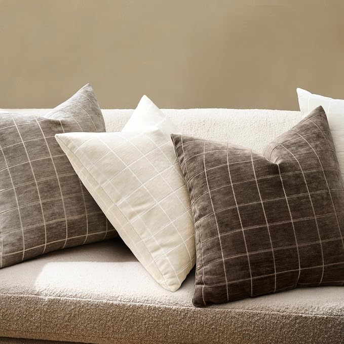 MIULEE Cream Plaid Decorative Throw Pillow Covers 12x20 Set of 2 | Vintage Check Chenille Couch Pillows Neutral Boho Farmhouse Cushion Covers Modern Home Decor for Sofa Bed Living Room