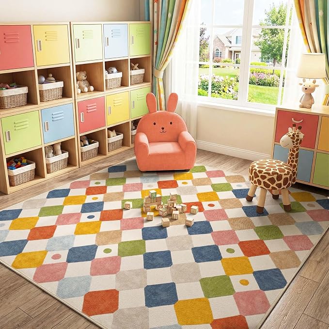 jinchan Macy Kids Area Rug for Classroom 8'x8' Square Rug Modern Colorful Nursery Rug Checkered Diamond Play Mat Washable Soft Non Slip Carpet for Playroom Living Room Bedroom Daycare Circus on Cream