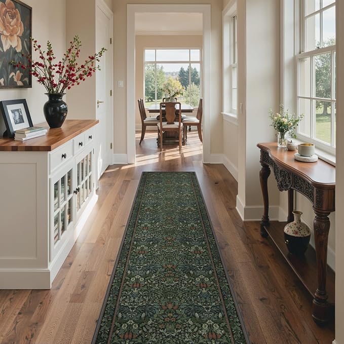 GENIMO 2x10 Washable Long Runner Rug, Non Slip Hallway Mat, Dark Green | Vintage Boho Floral Low Pile Thin Mat for Entryway, Kitchen, Bedroom, Indoor Decor