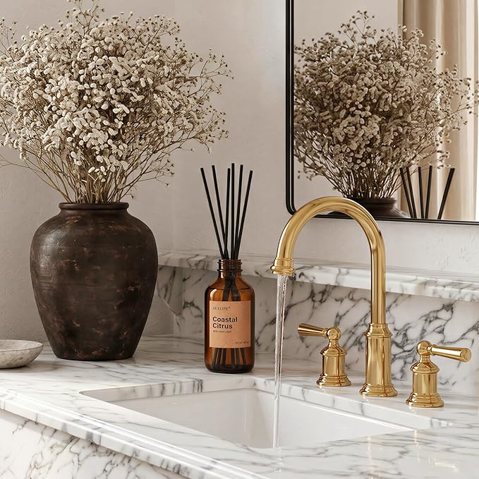 Auelife Reed Diffuser Set, Teakwood & Mahogany 2 Pack 8 Fl Oz Scented Diffuser with Fiber Sticks, Home Fragrance Reed Diffuser for Bathroom Decor, Bedroom, Office & Housewarming Gift