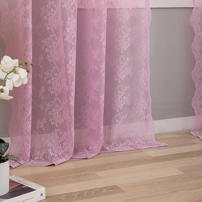 YJ YANJUN Vintage Lace Curtains 84 Inches Long-Victorian Floral Pattern Lilac Sheer Curtain Panels for Living Room Bedroom,Light Filtering, Cute Girls Drapes 2 Panels 52W x 84L Purple Blush