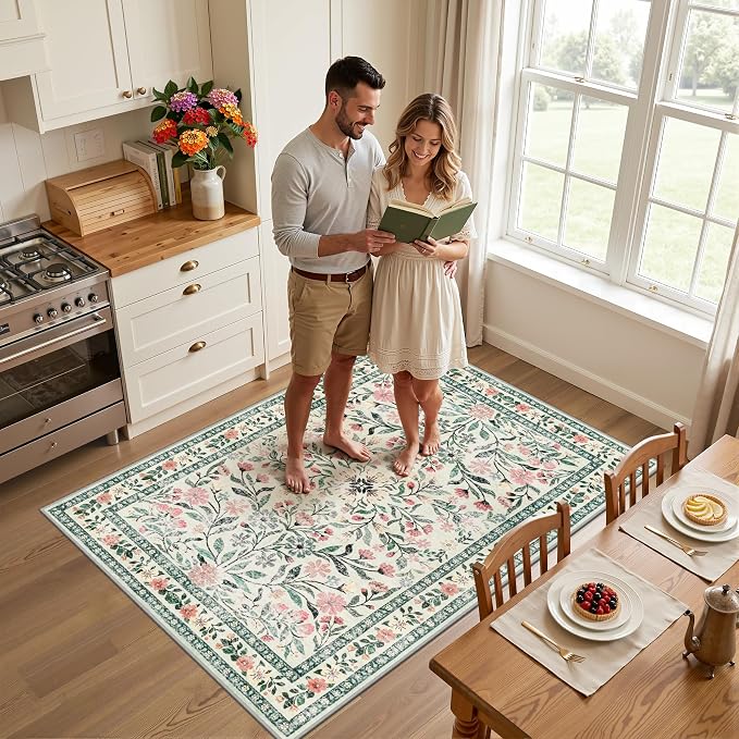Area Rug Living Room Rugs: Floral 3x5 Washable Rug Vintage Soft Boho Non-Slip Carpet Indoor Floor Stain Resistant Large Carpets for Bedroom Dining Room Farmhouse Nursery Hallway Green/Beige