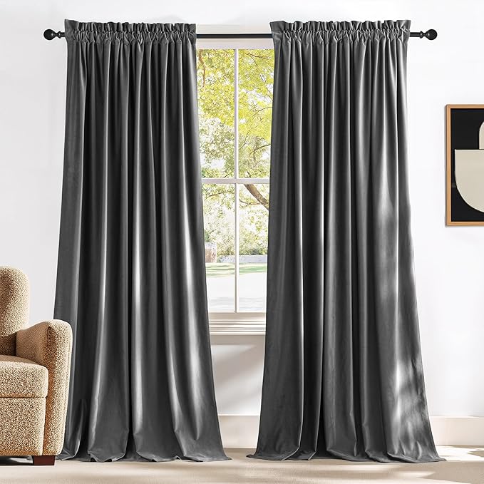 NICETOWN Living Room Grey Velvet Curtains, Sound and Sunlight Reducing Heavy Matt Rod Pocket Drapes/Panels for High Celling Wall (2 Panel Per Pack, 102 inches Long)