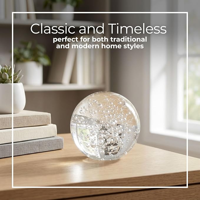 Glass Orb Ball Decorative Sphere – Paperweight Decorative Object for Desk, Shelf, or Tabletop, Living Room Placement, Bubble Design Home Decor Accent Adds Sculptural Interest – 4", Clear & Frost