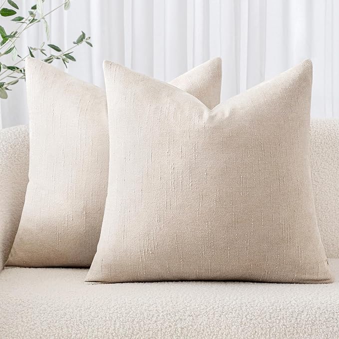 MIULEE Pack of 2 Decorative Throw Pillow Covers Soft Chenille Throw Pillows Solid Textured Cushion Covers Home Decor for Couch Sofa Bedroom Living Room 18x18 Inch,Light Beige