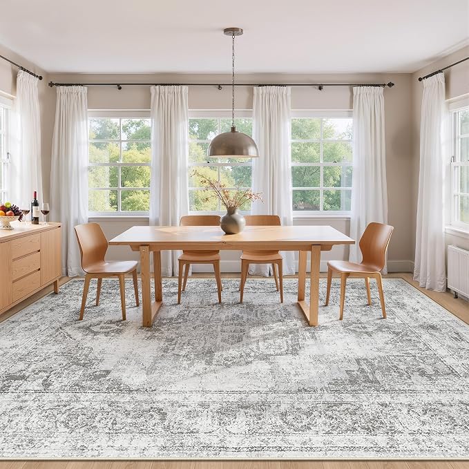 Area Rug 9x12 Vintage Rugs: Large Washable Indoor Medallion Rug Low Pile Distressed Floor Carpet Retro Accent Rugs for Living Room Bedroom Kitchen Dining Table Home Office(Grey, 9'x12')
