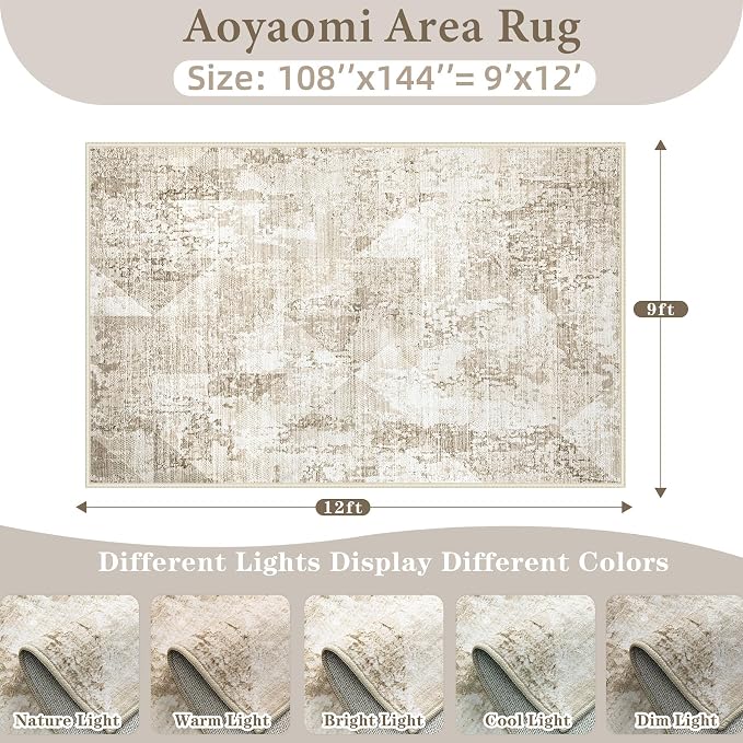 Area Rug for Living Room 9x12: Large Washable Boho Moroccan Rugs Geometric Neutral Rug, Non-Slip Foldable Morden Farmhouse Indoor Floor Carpet for Bedroom Dining Table Home(Neutral Beige, 9'X12')