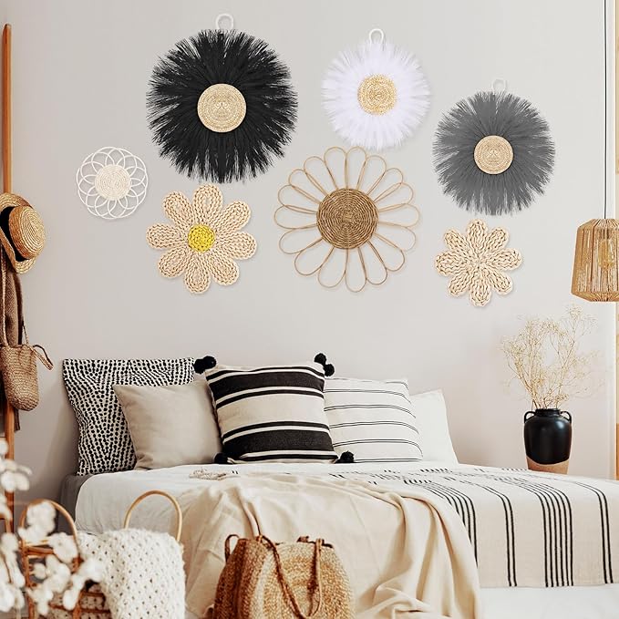 Chunful 7 Pcs Boho Wall Basket Decor Rattan Flower Wall Decor Nursery Daisy Flower Woven Macrame Hanging Flowers for Baby Kids Girls Farmhouse Bedrooms Living Rooms Kitchen Home(Light Grey)