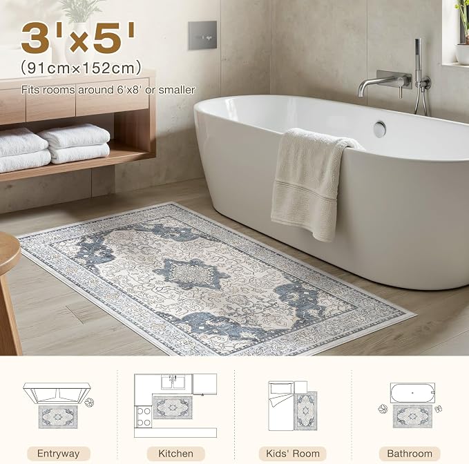 cotiled 3x5 Area Rug Machine Washable Vintage Carpet for Living Room Bedroom Soft Non-Slip Backing Floor Mat Kid & Pet Friendly Stain Resistant Light Blue