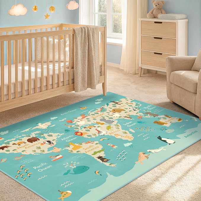 3x5 Play Mat for Kids Playroom - Colorful World Map Rug for Kids, Small Soft Educational Play Rug with Cute Animals by Continent, Washable Stain Resistant Foldable for Toddler Bedroom - Blue