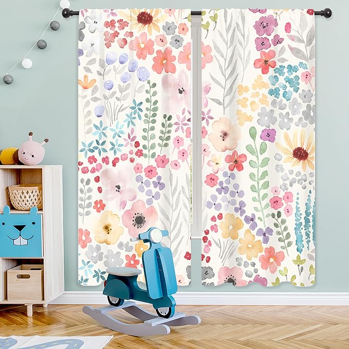 Riyidecor Colorful Floral Curtains Pink Wildflower Cute Boho Flower Plant Leaves Botanical Trendy Rod Pocket Pretty Aesthetic for Girls Bedroom Living Room Treatment Fabric 2 Panels 52Wx84H Inch
