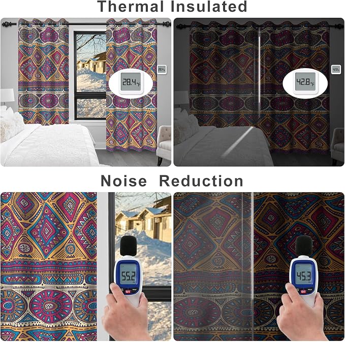 Boho Geometric Patterned Blackout Curtains for Bedroom, Bohemian Living Room Darkening Curtains 84 Inch Length 2 Panels Set, Thermal Insulated Soundproof Bedroom Window Drapes with Curtain Tiebacks