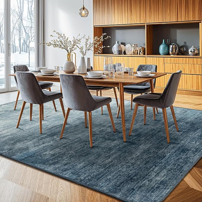 9x12 Washable Area Rug, Blue Solid Area Rugs for Living Room & Bedroom | Stain-resistant & Non-slip backing,Low Pile Washable Large Carpet, Solid Vintage Style For High Traffic Areas(9x12,Blue)