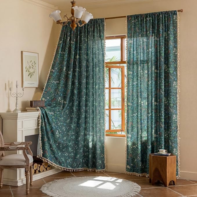 OYX Boho Floral Curtains 84 Inch, Linen Farmhouse Flower Drapes with Lace & Tassels, Light Filtering Semi Sheer Curtains for Living Room Bedroom, 2 Panels