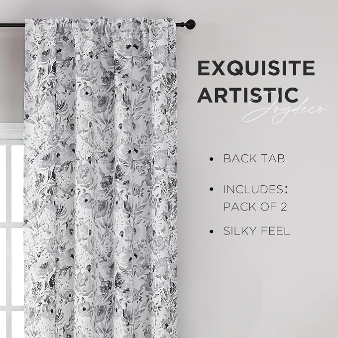 Joydeco Printed Curtains 96 inches Long,Gray Floral Blackout Curtains for Living Room 2 Panels,52 x 96 inch Rod Pocket Thermal Insulated Bohemian Drapes for Farmhouse,Bedroom,White