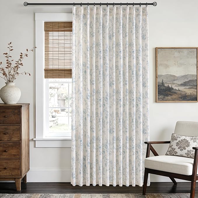 Meikelor Blue Pinch Pleated Floral Curtains 132 inch Long for Living Room 70" W x 132" L