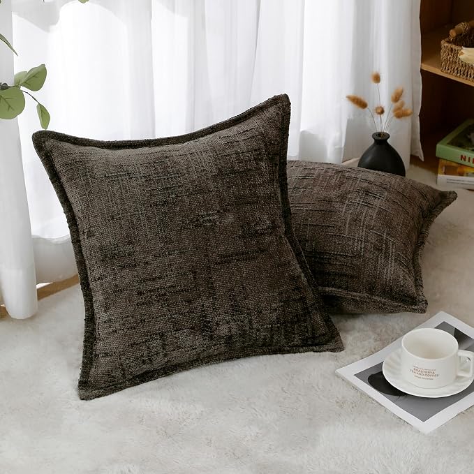 HPUK Fall Chenille Soft Throw Pillow Covers 18x18 Set of 2, Accent Cushion Covers for Living Room, Bedroom, Decorative Solid Color Pillow Covers for Couch, Sofa, Chair, Charcoal