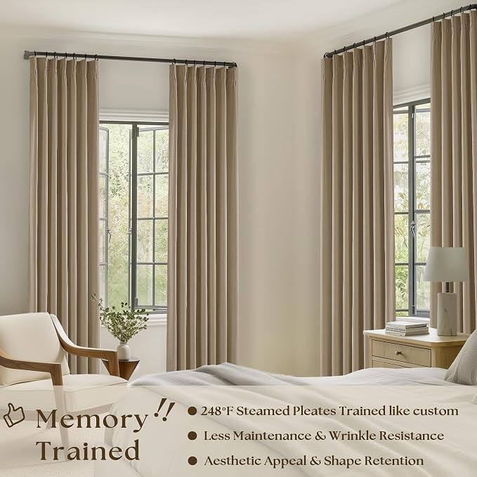 Copper Brown Pleated Linen Blackout Curtains 102 Inches Long for Bedroom Living Room Pinch Pleat Black Out Thermal Insulated Ring Hooks Room Darkening Drapes Tan Coffee Curtains with Liner 40x102