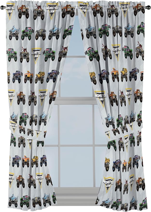 Jay Franco Window Curtains for Kids Bedroom 4-Piece Drape Set with 2 Tiebacks, Grey - Monster Jam, 42" W x 63" L (Pack of 2)